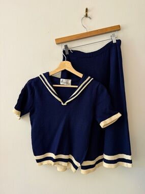 Joan Leslie by Kasper 1960s Navy Sweater Top & Skirt with Cream Accents